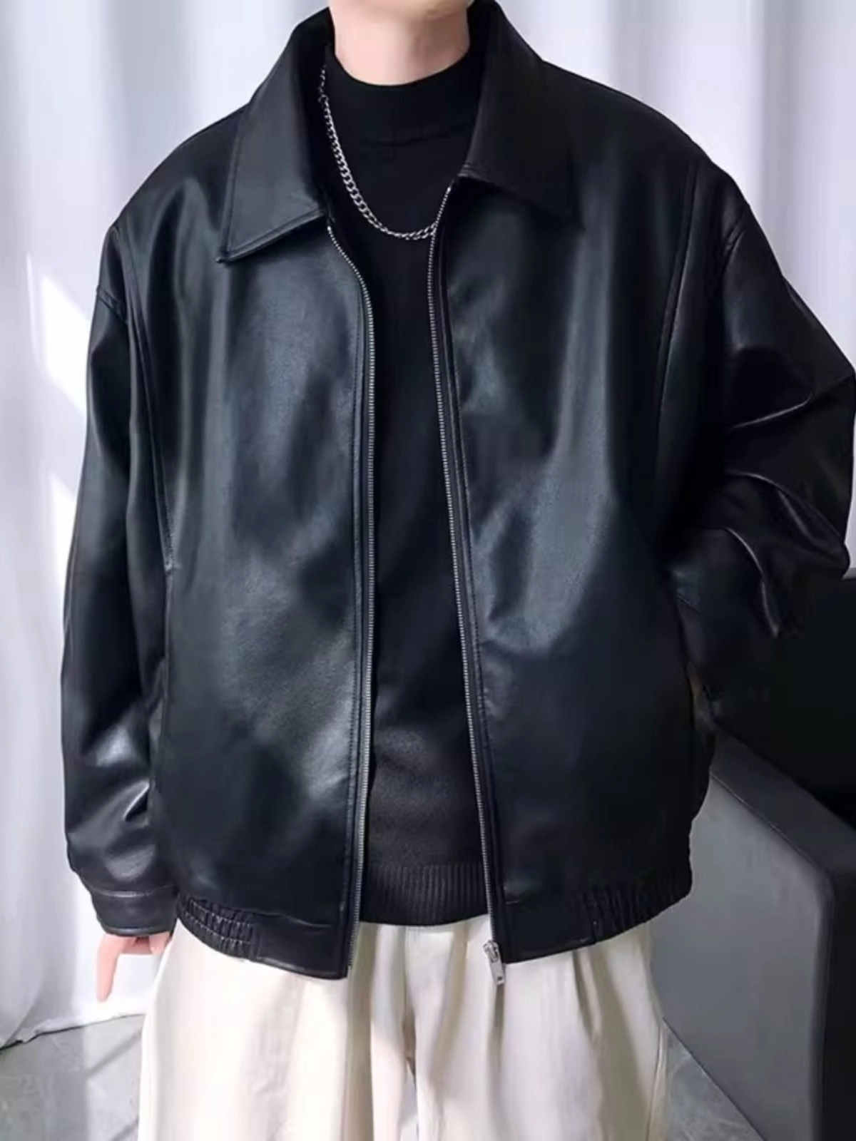 Black Collared Chic Faux Leather Jacket | Sunoo - Enhypen