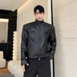 ★AESPA KARINA 着用★ RAIVE Faux Leather Blouson Jacket Black Embossed Panel Faux Leather Jacket | Winter - Aespa