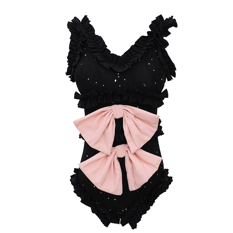 Black Lace-Trim Bow Embellished Bodysuit | Jennie