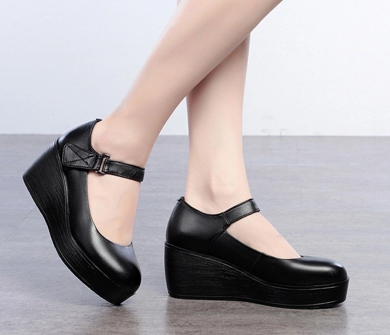 Black Leather Wedge Heel Shoes Pharita BabyMonster Fashion
