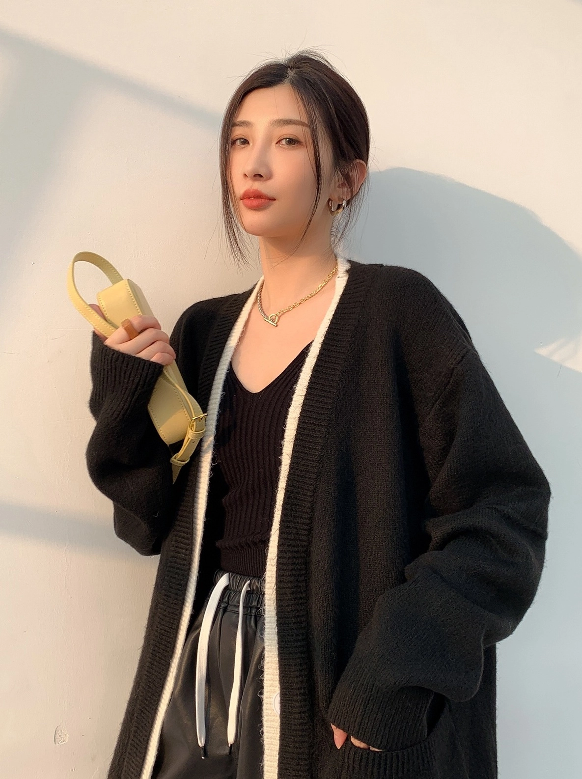 【HI FI FNK】Kent Collar Knitted Cardigan Black Open-Front Knit Cardigan | Ni-Ki - Enhypen - Fashion