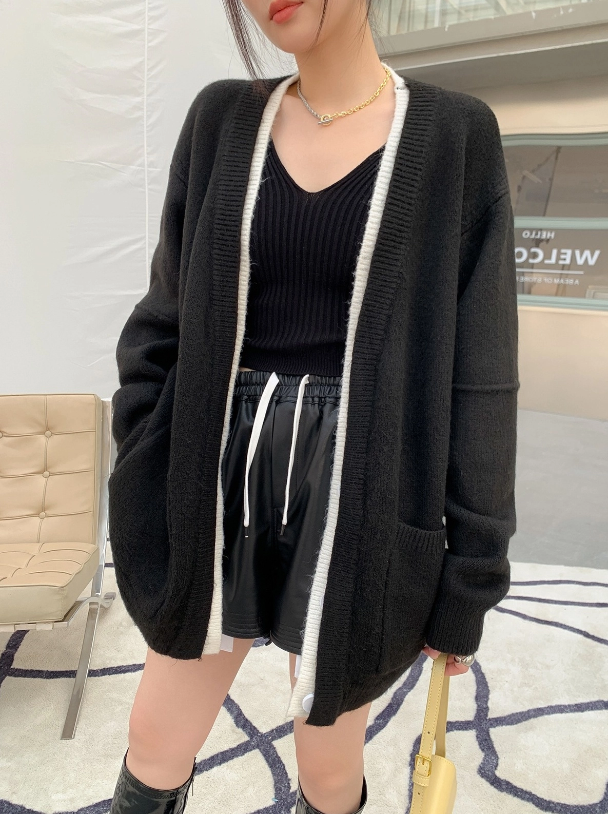【HI FI FNK】Kent Collar Knitted Cardigan Black Open-Front Knit Cardigan | Ni-Ki - Enhypen - Fashion