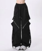 Black Slant Zipper Cargo Pocket Pants | Ningning - Aespa