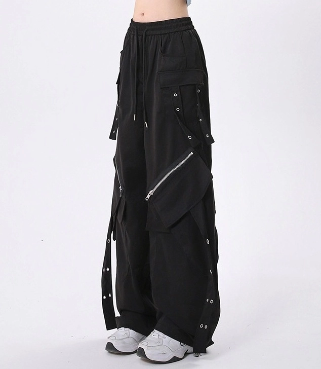 ☆aespa 着用☆【NOTKNOWING】☆Folded Multi Cargo Pant.s☆ Black Slant Zipper Cargo Pocket Pants | Ningning - Aespa