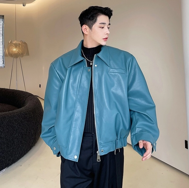 Blue Collared Faux Leather Jacket | Jennie - BlackPink