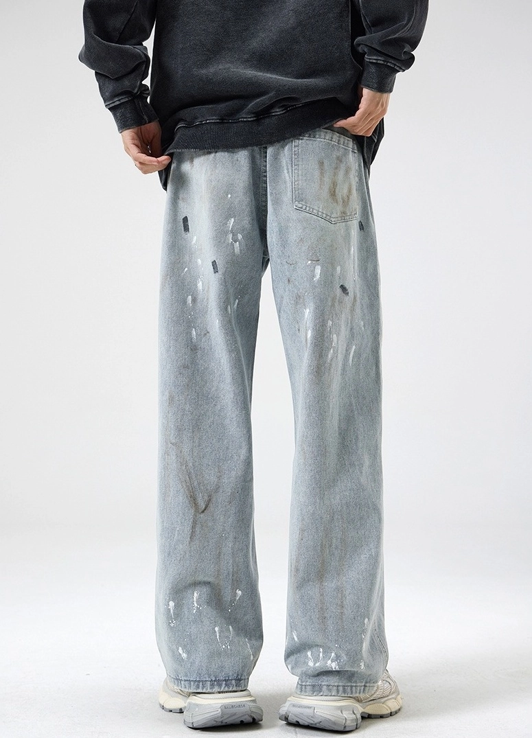 Blue Denim Ink-Splashed Style Loose Jeans | Hyunjin - Stray