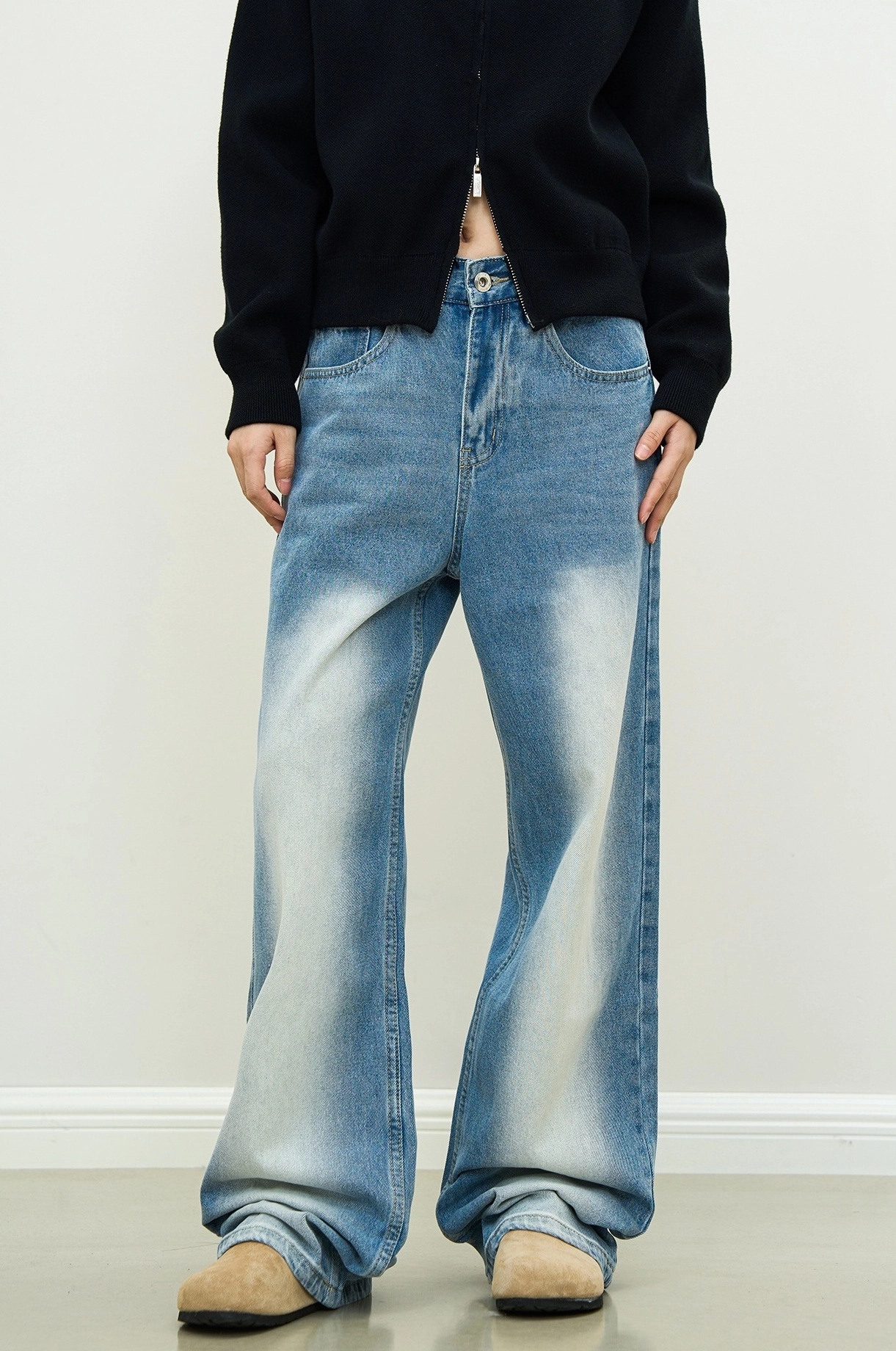 【BAON】Twin stitch washed denim wide pants BAON (バオン) - ツインステッチウォッシュ加工デニムワイド