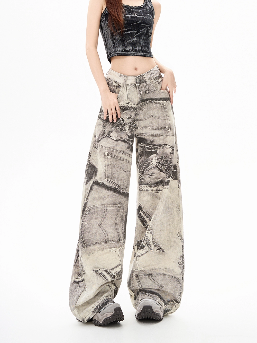 Grey Patchwork Print Wide-Leg Jeans | San - ATEEZ - Fashion