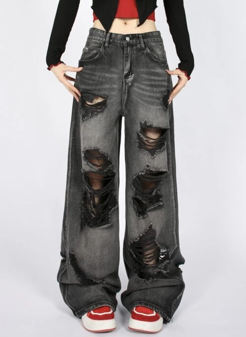 【ROCKCAKE】Pia Damage Wide Jeans★チェウォン着用 ☆LE SSERAFIM チェウォン着用☆ROCKCAKE Pia Damage Wide Jean