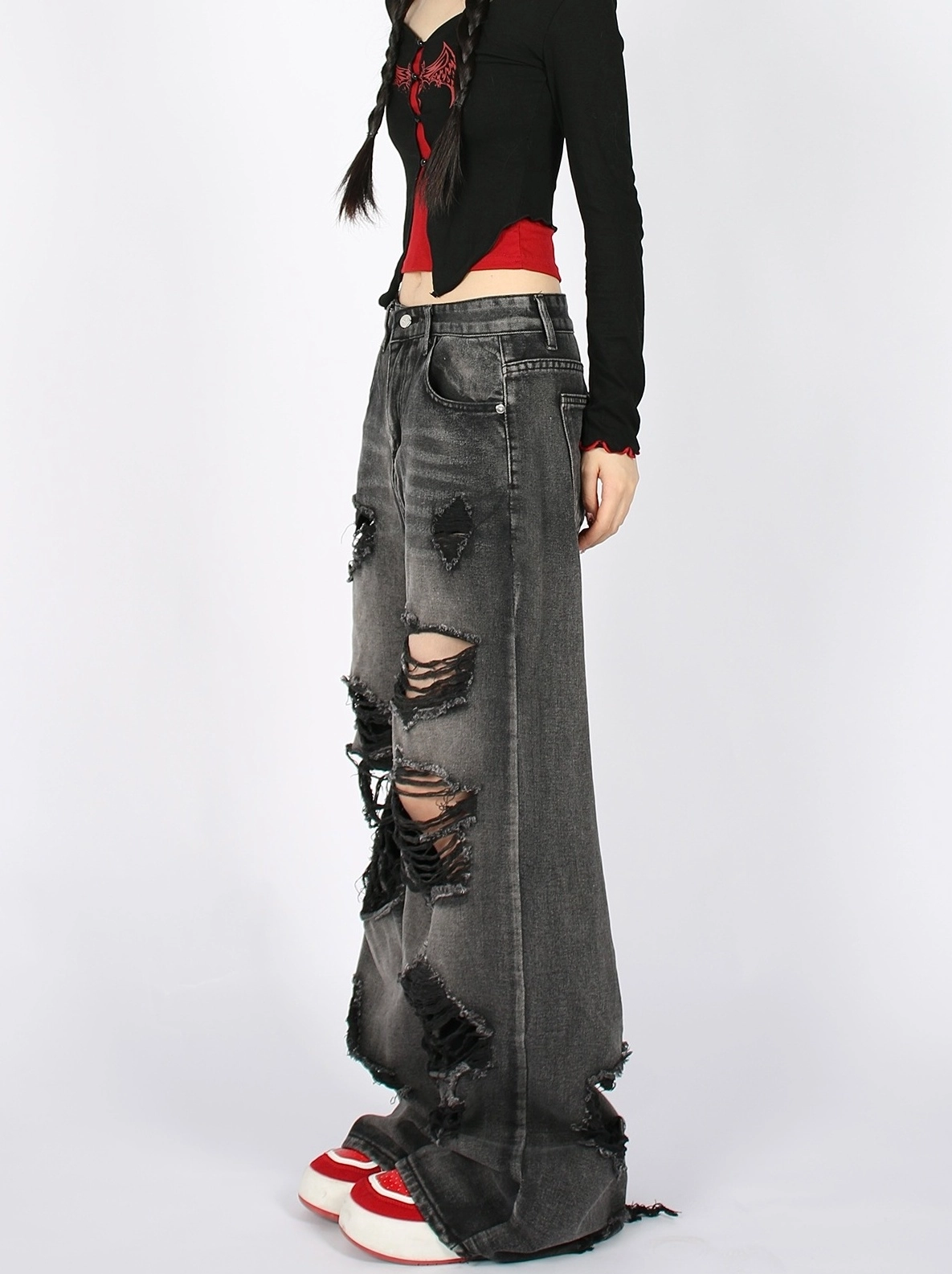 ツイード ロングパンツ 韓国 [SETUP-EXE] DESTROYED PANTS Grey Ripped Wide Leg Jeans | Taehyun - TXT - Fashion Chingu