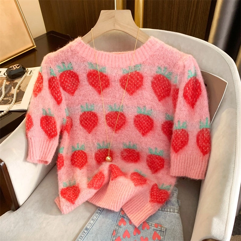 Pink-Strawberry-Print-Knit-Top