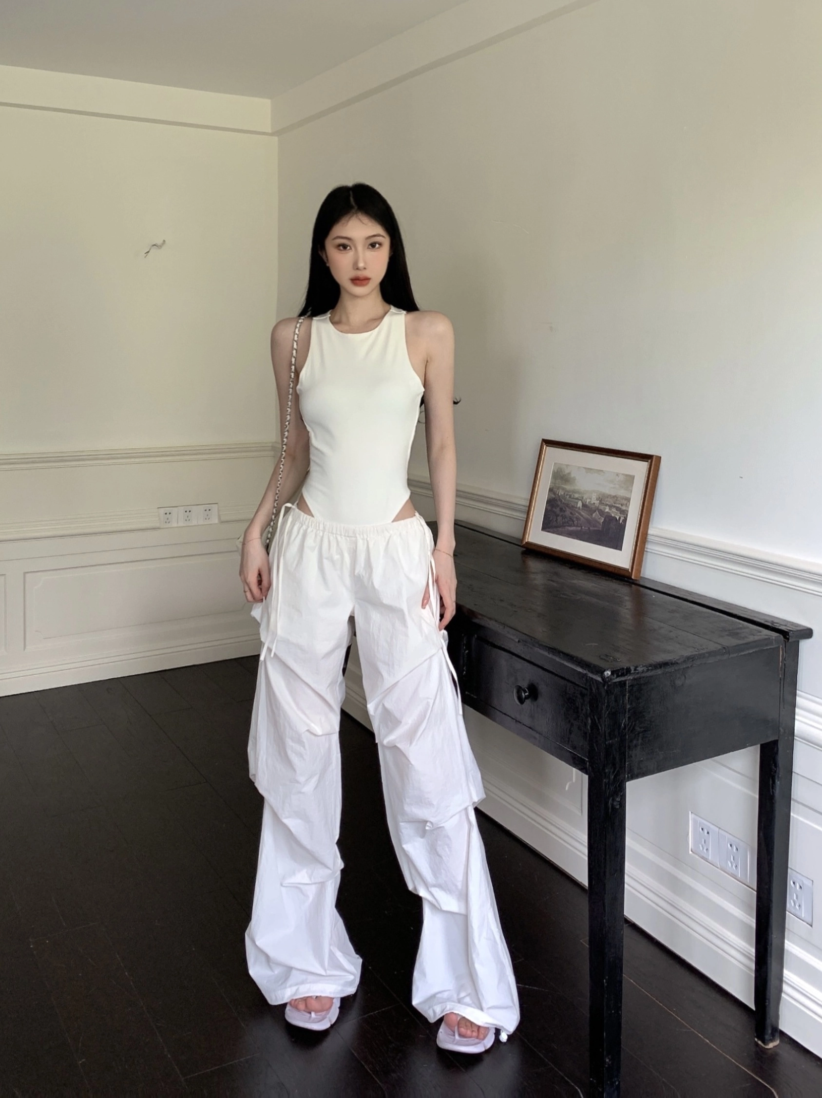 White Structured Pleats Drawstring Pants | Karina - Aespa