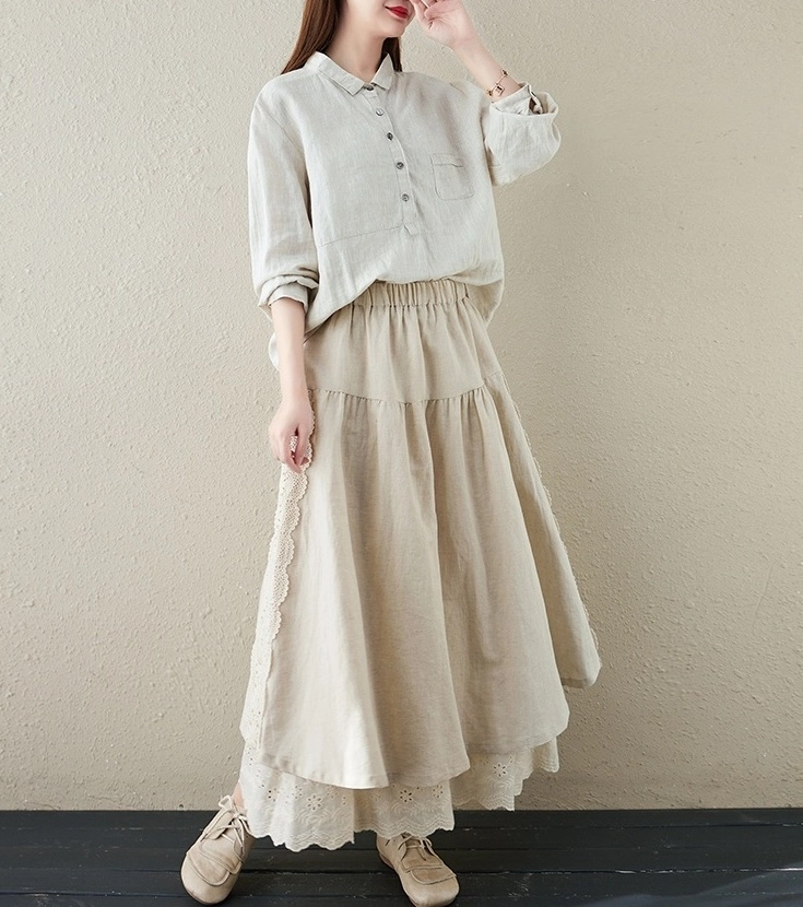 Beige Lace-Detail Layered Long Skirt | Seeun - STAYC