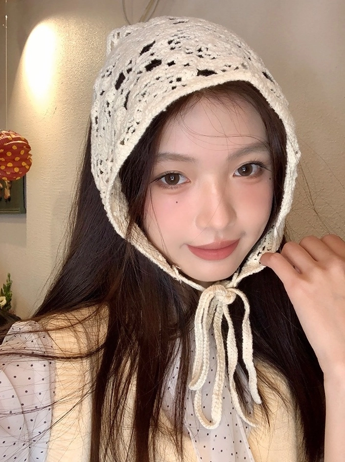 Beige Lace Knit Headscarf | Sana - Twice - Fashion Chingu