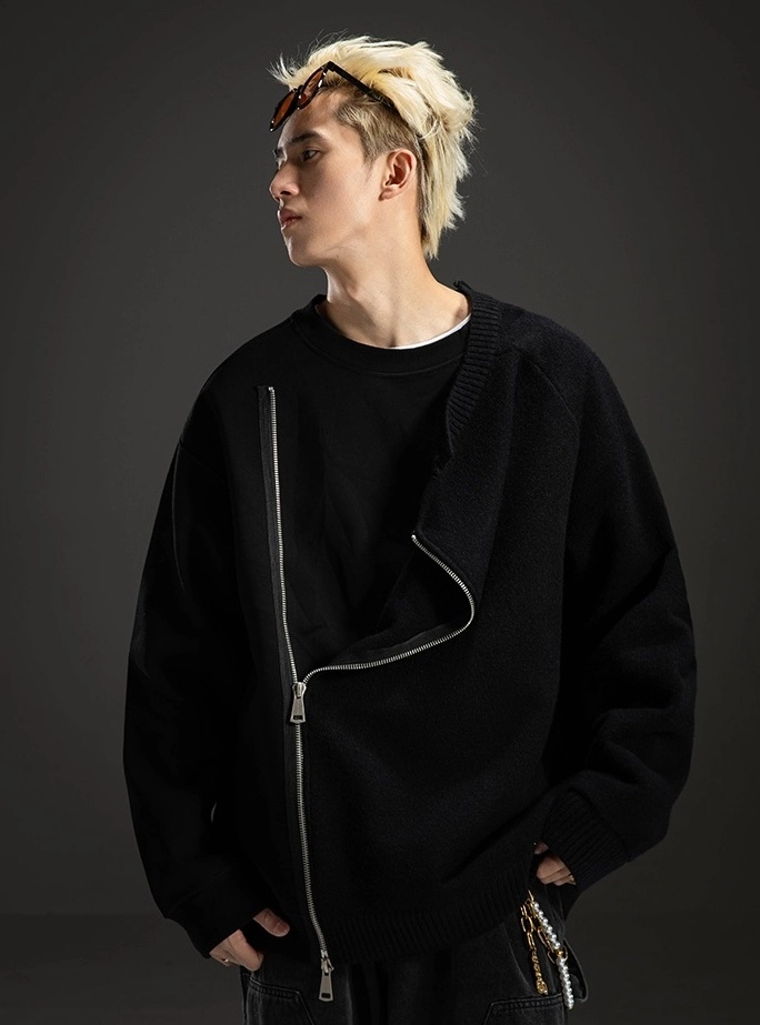 Black Asymmetrical Zip-Up Sweater | Mingi - ATEEZ - Fashion Chingu