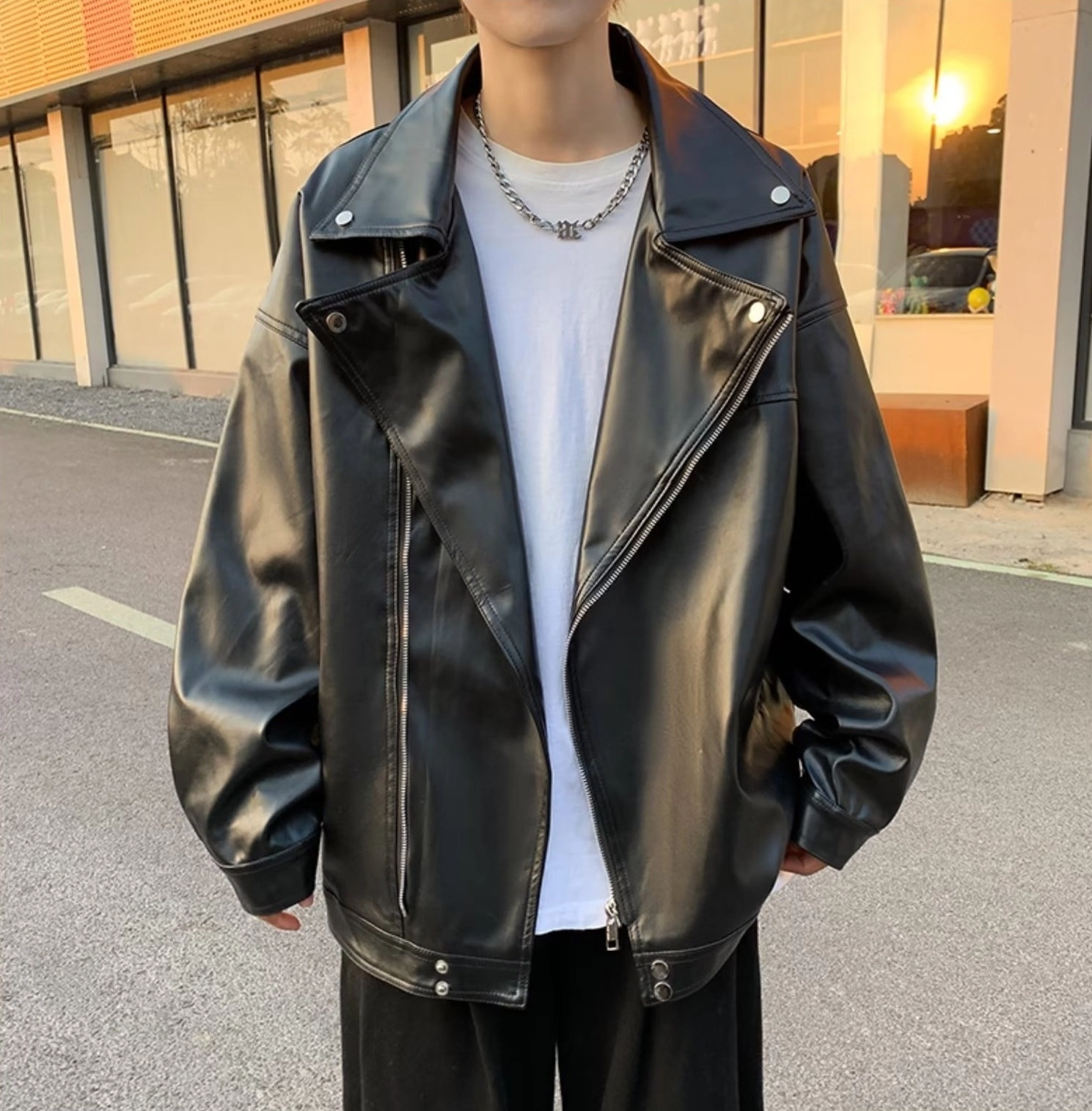 Black Classic Faux Leather Biker Jacket | Bangchan - Stray