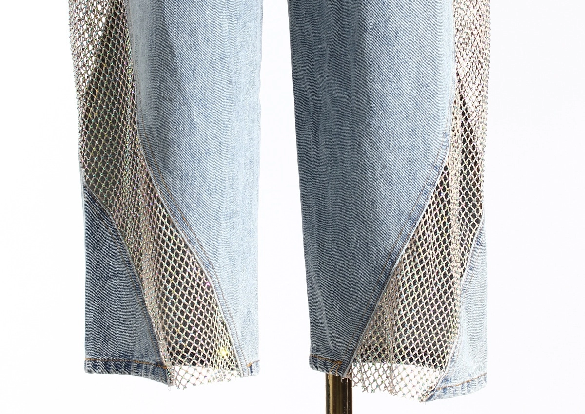 Blue Denim Mesh Panel Wide-Leg Jeans | Mina - Twice