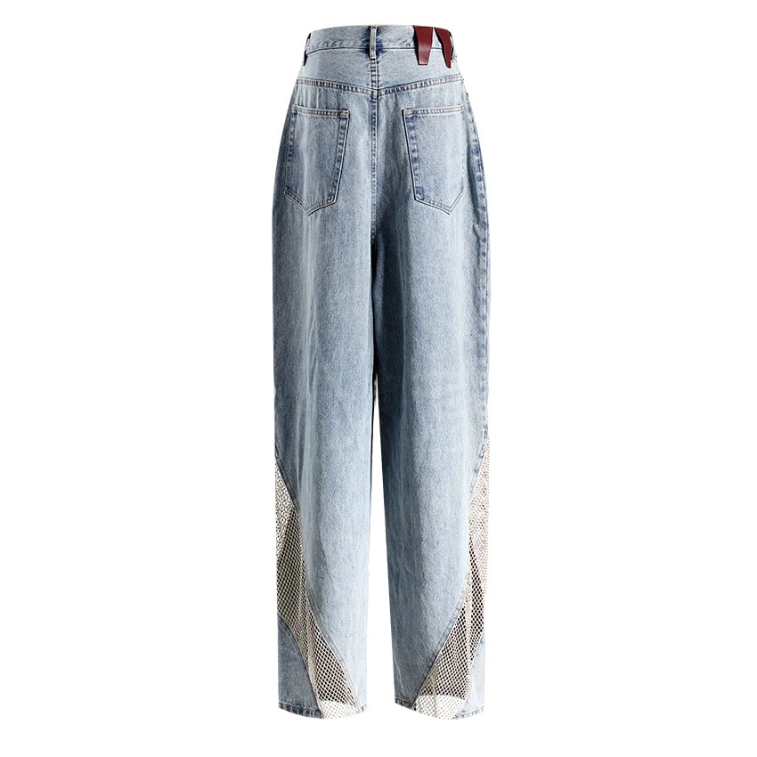 Blue Denim Mesh Panel Wide-Leg Jeans | Mina - Twice