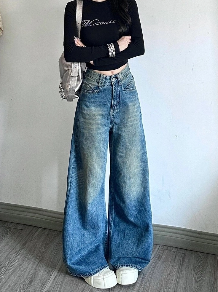 【SATIIIZ】Kitten Washing Wide Denim Pants Kitten Washing Wide Denim Pants - satiiiz