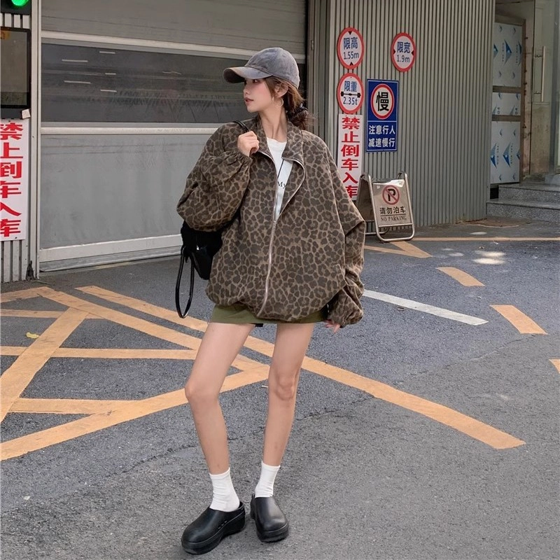 Brown Leopard Pattern Oversized Jacket | Jurin - XG