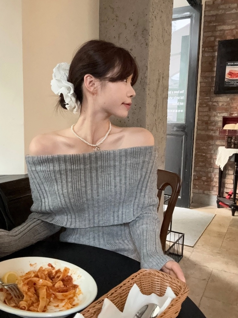 ニット/セーター riu Shoulder belt fringe knit Rib Off Shoulder Lace Up Front Knit Sweater – W.T.I. Design