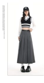 ★chemehc★BOW LONG PLEATED SKIRT (GRAY)★正規品/韓国送料込 Herringbone Skirt