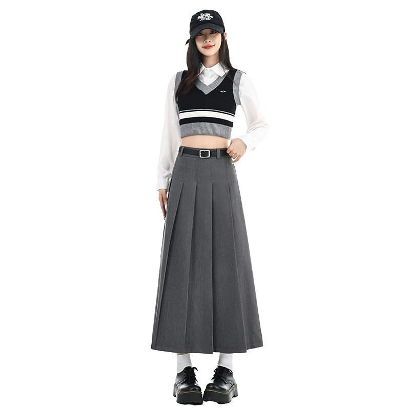 スカート helk SLIT PLEATED SKIRT (GRAY) Vintage High-Waisted Gray Plaid A-Line Midi Skirt with Belt