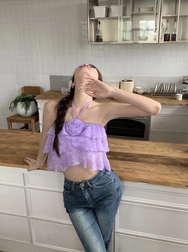 Lilac Flower Ruffles Halter Crop Top | Chaeyoung - TWICE