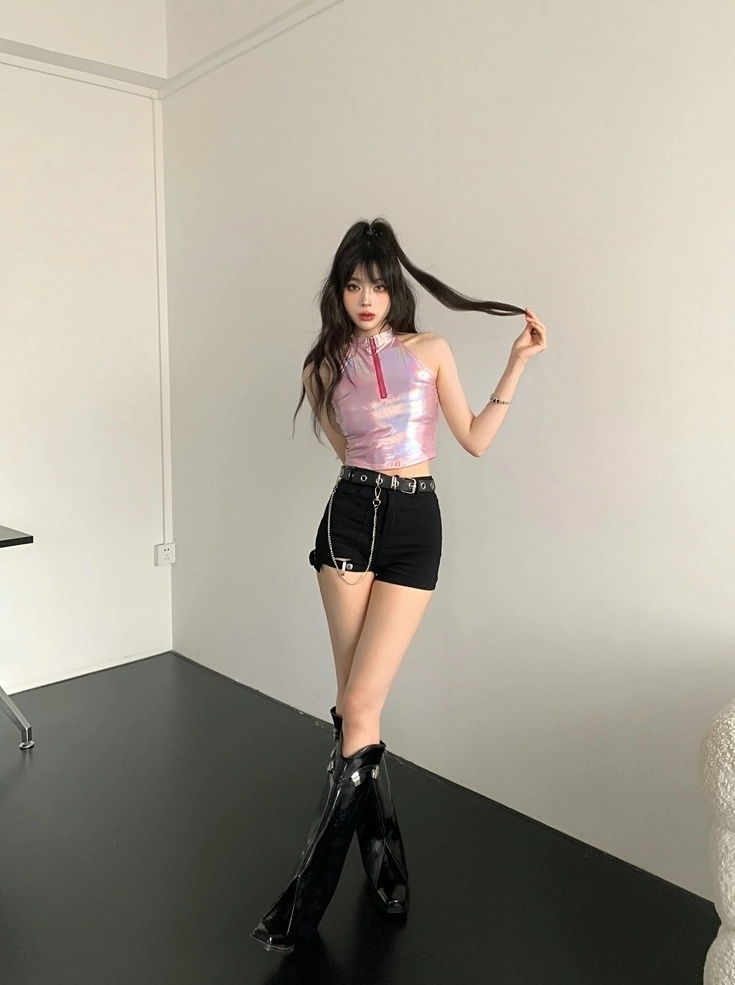 Pink Iridescent Zipper Halter Crop Top | Irene - Red Velvet