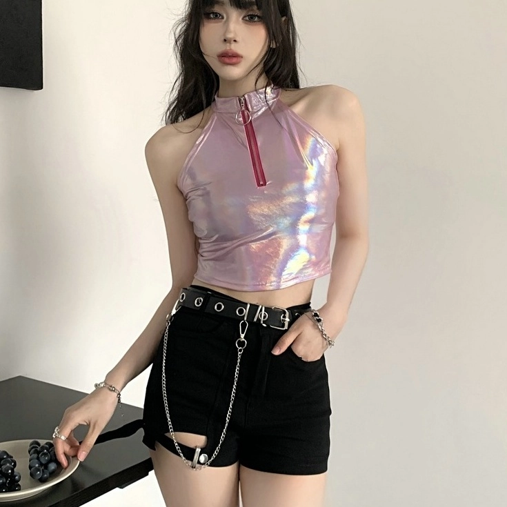 Pink Iridescent Zipper Halter Crop Top | Irene - Red Velvet Pink Iridescent Zipper Halter Crop Top | Irene - Red Velvet