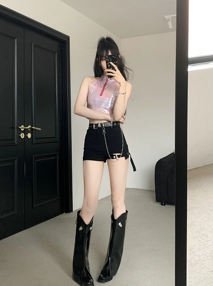 Pink Iridescent Zipper Halter Crop Top | Irene - Red Velvet