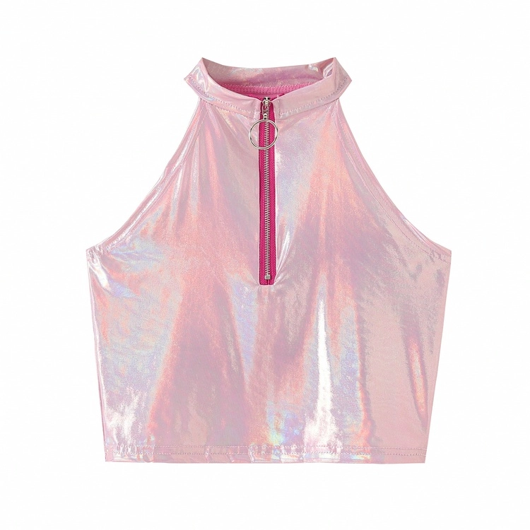 Pink Iridescent Zipper Halter Crop Top | Irene - Red Velvet