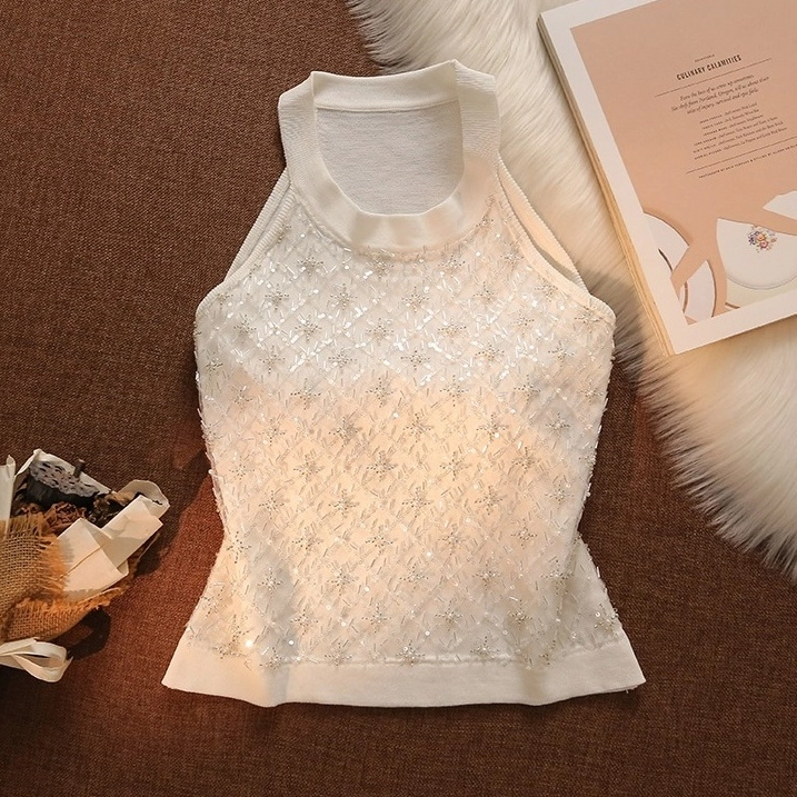 White Sequin-Embellished Halter Top | Rora - BabyMonster