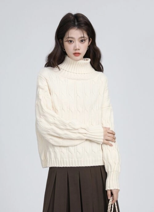 Beige Cable Knit Turtleneck Sweater