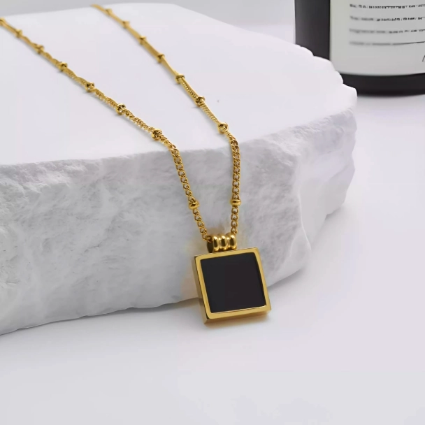 Black Square Pendant Gold Necklace | Yoshi - Treasure