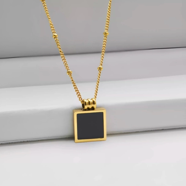Black Square Pendant Gold Necklace | Yoshi - Treasure