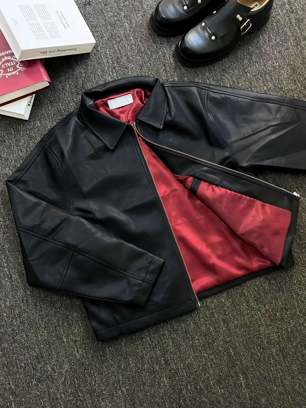 Black Zip-Up Faux Leather Jacket | Hyunjin - Stray Kids