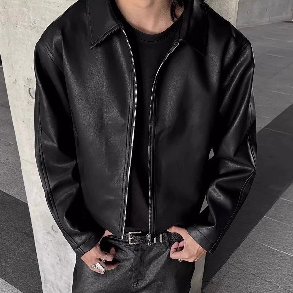 Black Zip-Up Faux Leather Jacket | Hyunjin - Stray Kids