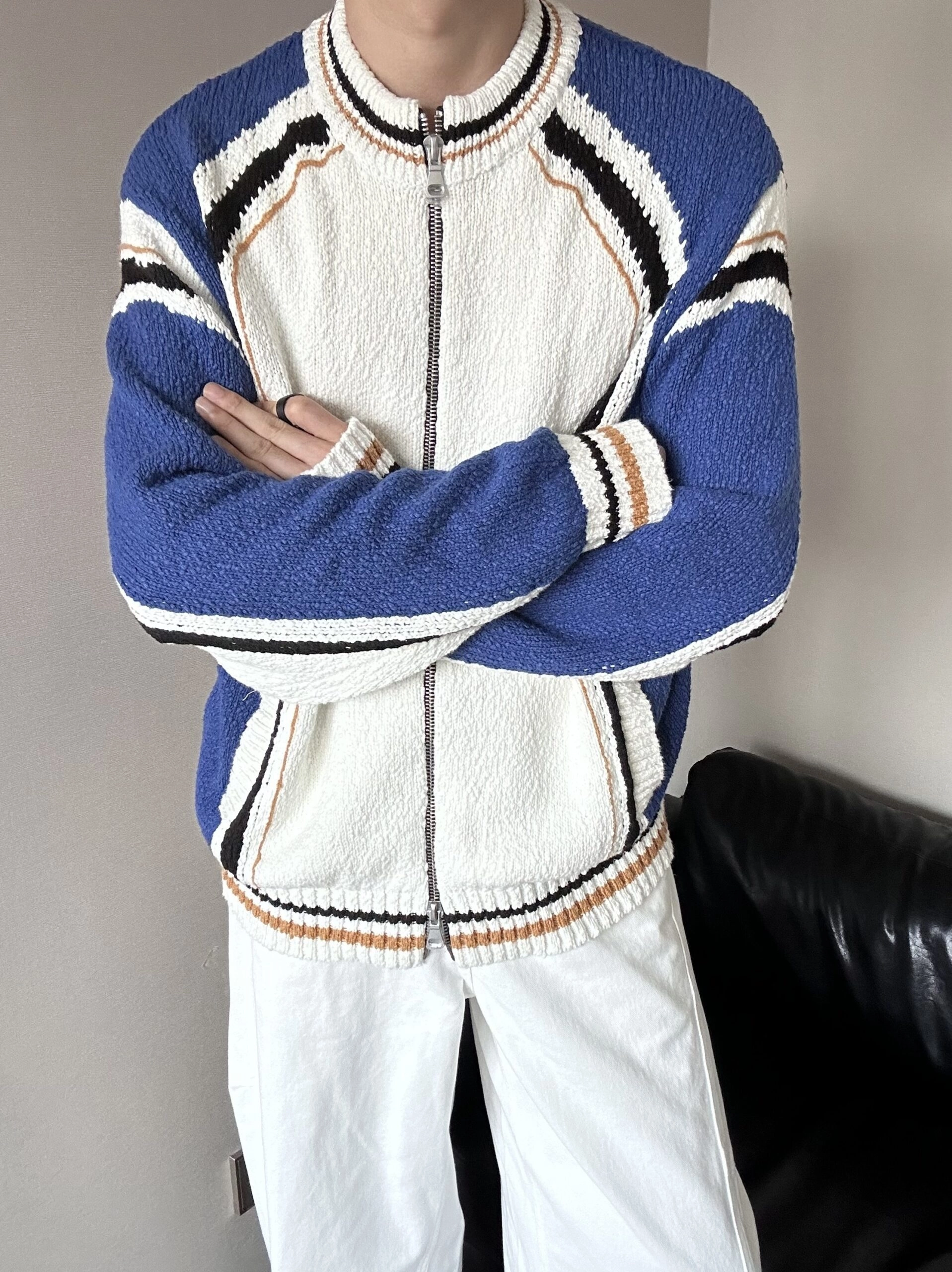Blue And White Splicing Zipper Jacket | Sakura - Le Sserafim
