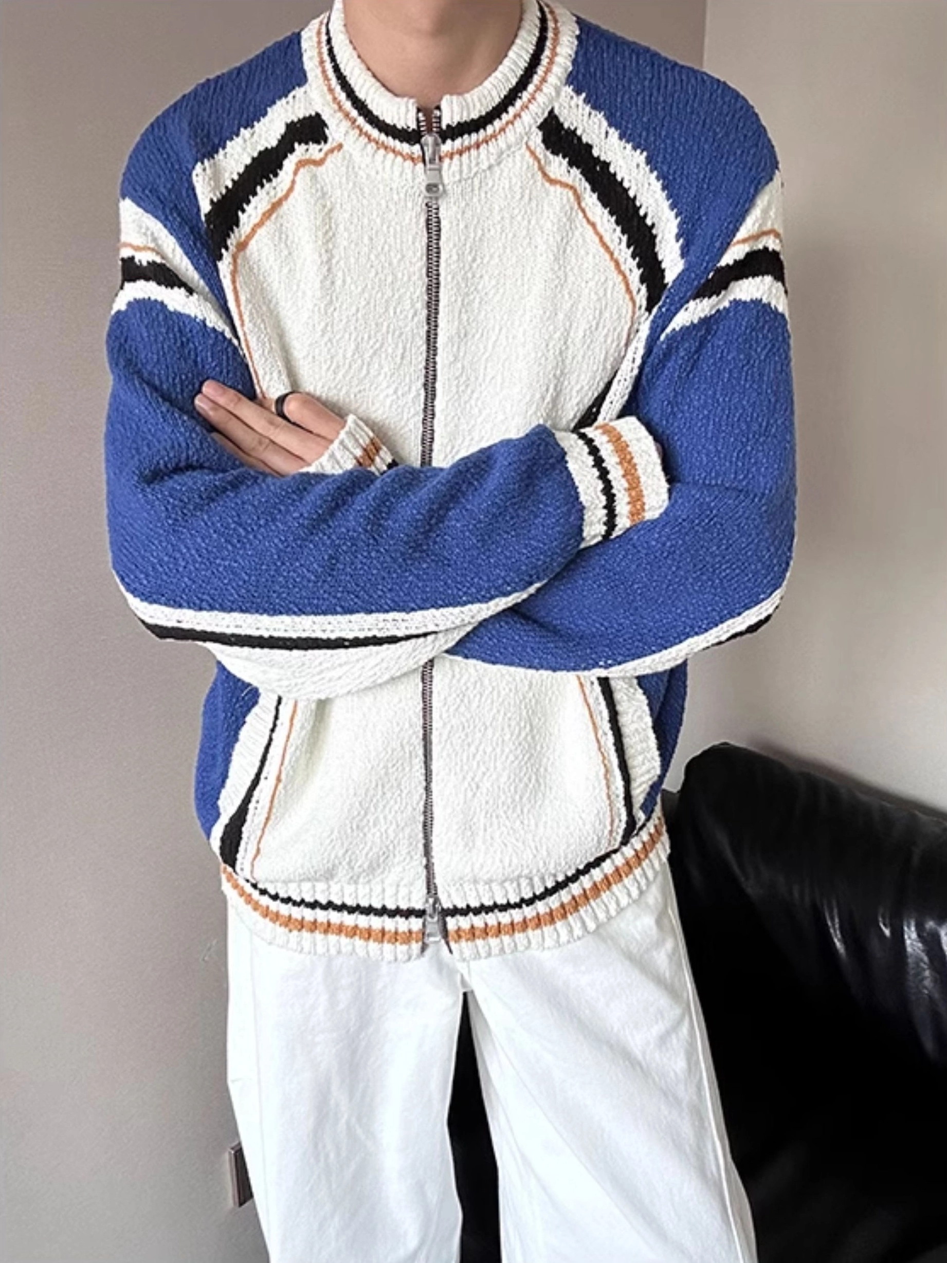 Blue And White Splicing Zipper Jacket | Sakura - Le Sserafim