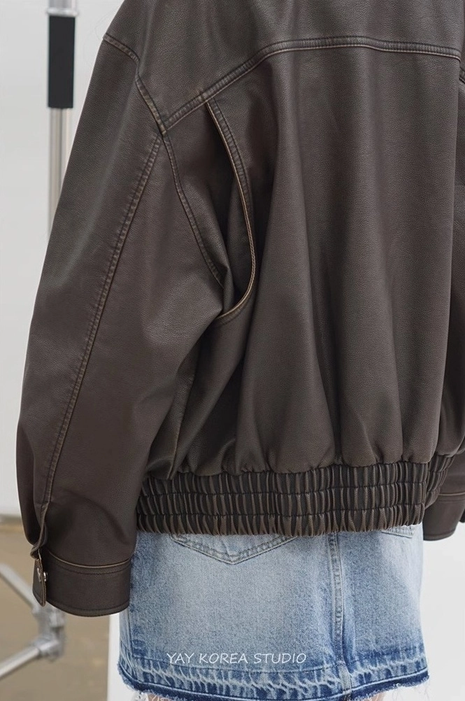 Brown Faux Leather Zip-Up Jacket | Chaewon - Le Sserafim - Fashion