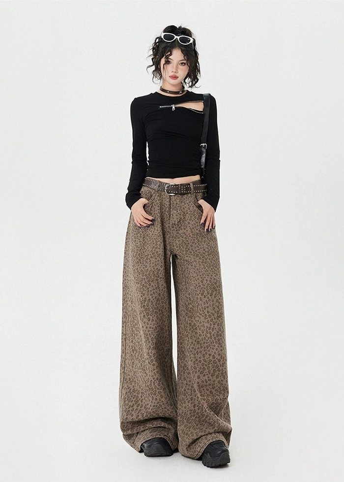 パンツ IONSEOUL leopard cotton wide pants HJ5D0025 Leopard Print Linen Wide Leg Pants - Leopard Print