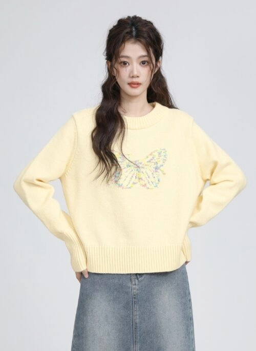 Butterfly Jacquard Yellow Knit Sweater