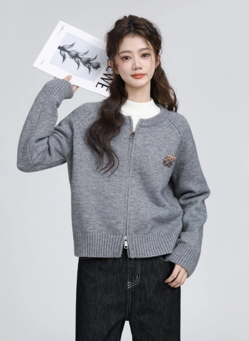 Gray Zippered Knit Sweater With 3D Bear