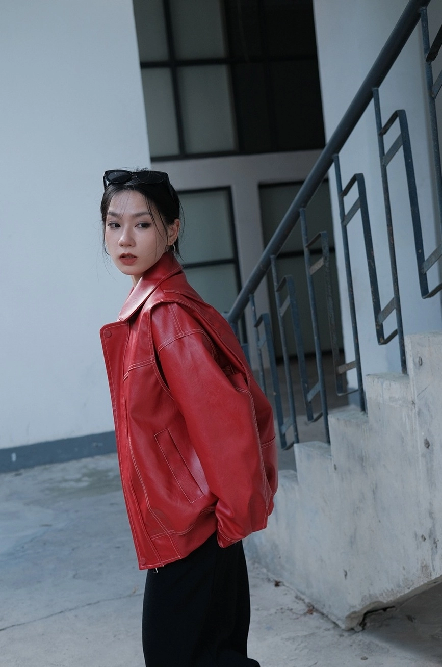 Red Collared Faux Leather Jacket | Changbin - Stray Kids - Fashion