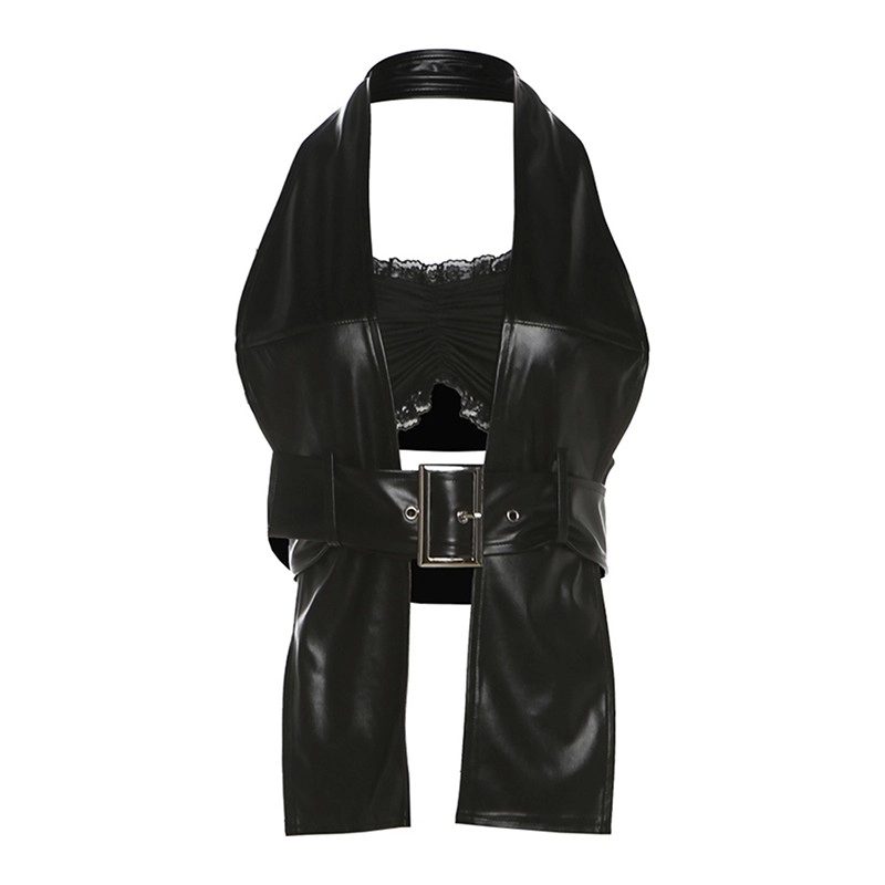 Black Faux Leather Belted Halter Top | Ningning - Aespa