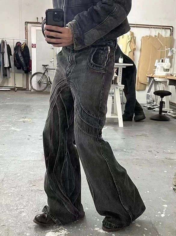 Black Patterned Stitch Wide-Leg Jeans | Yugyeom - GOT7