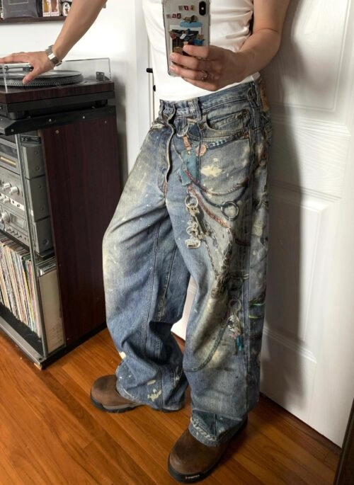 Blue Chain Graphic Print Baggy Jeans | DK - Seventeen