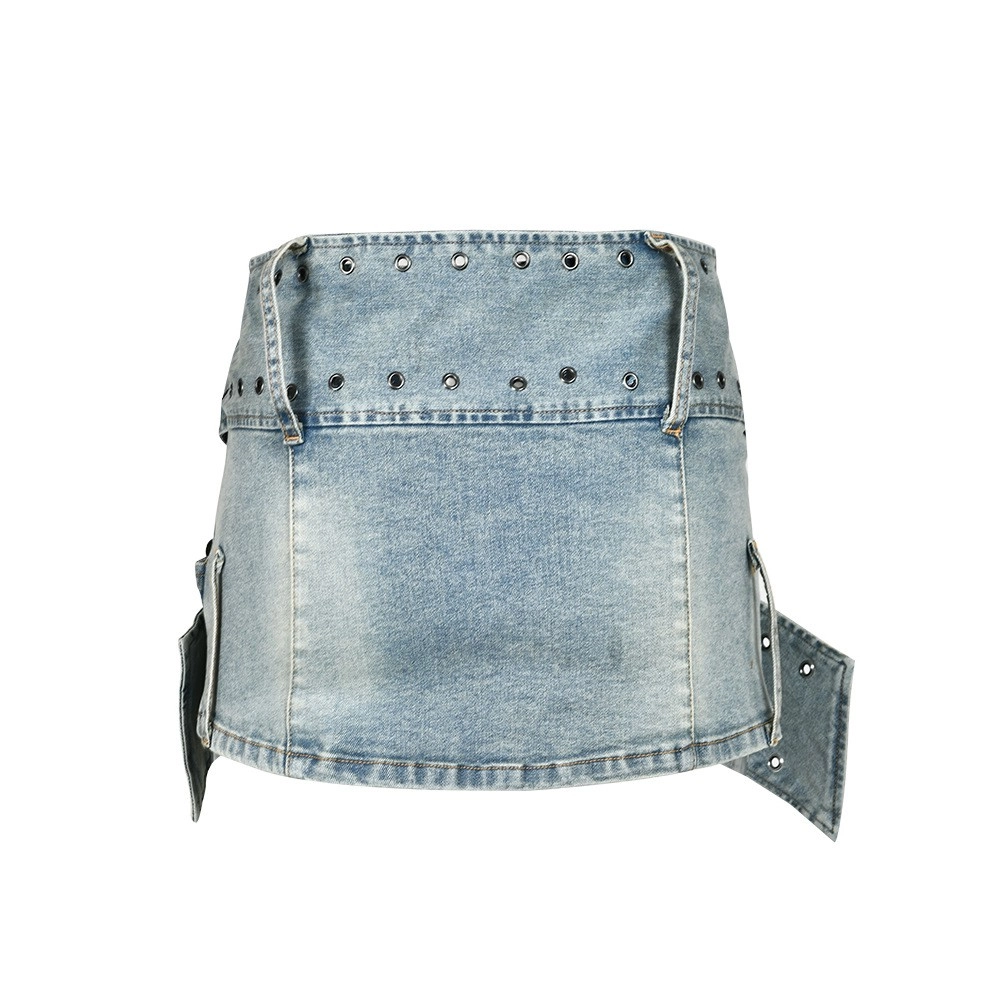 【EEUN】Hobbi Denim Skirt Womens Paperbag Waist Washed Denim Skirt | Boho Inspired