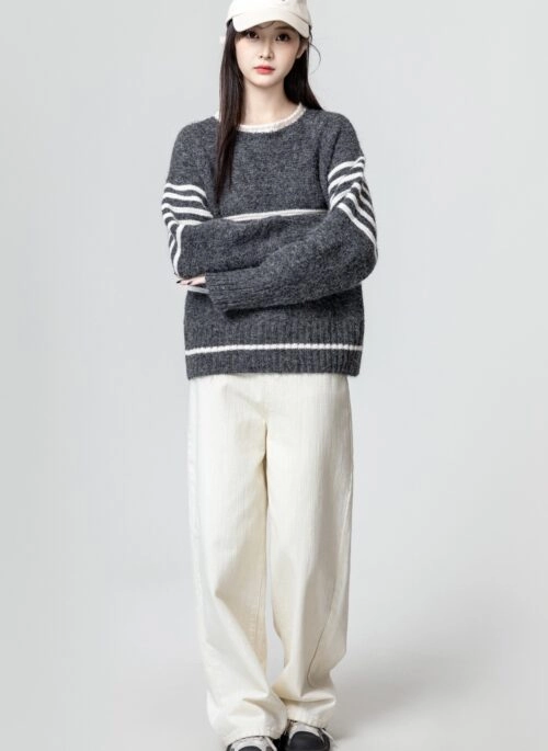Gray Striped Knitted Sweater Pullover
